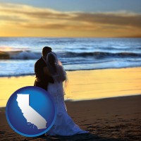 california map icon and a beach wedding at sunset