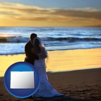 colorado map icon and a beach wedding at sunset