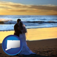 connecticut map icon and a beach wedding at sunset
