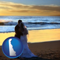 delaware map icon and a beach wedding at sunset