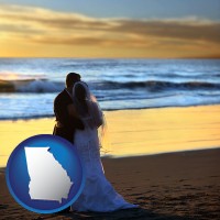 georgia map icon and a beach wedding at sunset