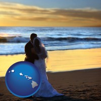 hawaii map icon and a beach wedding at sunset