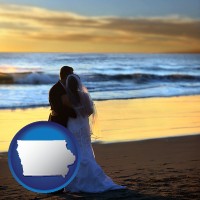 iowa map icon and a beach wedding at sunset