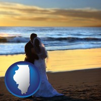 illinois map icon and a beach wedding at sunset