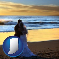 indiana map icon and a beach wedding at sunset