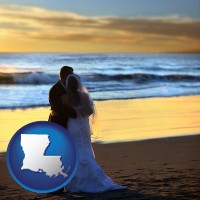 louisiana map icon and a beach wedding at sunset