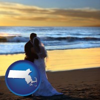 massachusetts map icon and a beach wedding at sunset