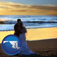 maryland map icon and a beach wedding at sunset
