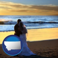 montana map icon and a beach wedding at sunset