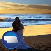 nebraska map icon and a beach wedding at sunset