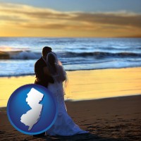 new-jersey map icon and a beach wedding at sunset