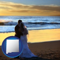 new-mexico map icon and a beach wedding at sunset