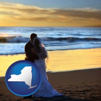 new-york map icon and a beach wedding at sunset