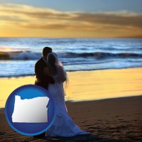 oregon map icon and a beach wedding at sunset