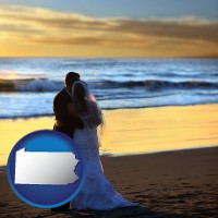 pennsylvania map icon and a beach wedding at sunset