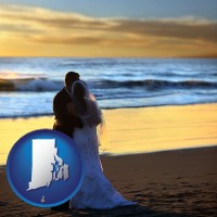 rhode-island map icon and a beach wedding at sunset