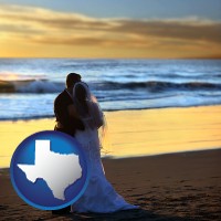 texas map icon and a beach wedding at sunset