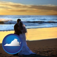 virginia map icon and a beach wedding at sunset