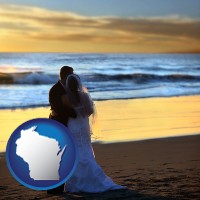 wisconsin map icon and a beach wedding at sunset