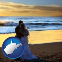 west-virginia map icon and a beach wedding at sunset