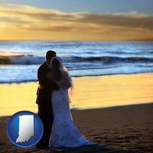a beach wedding at sunset - with Indiana icon