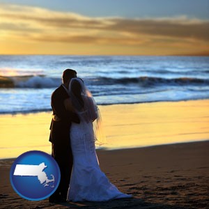 a beach wedding at sunset - with Massachusetts icon