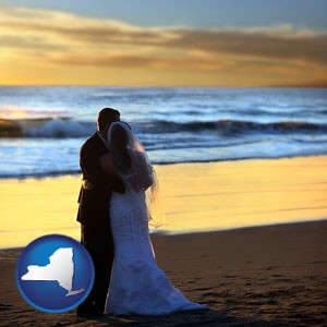 a beach wedding at sunset - with New York icon