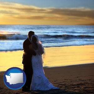 a beach wedding at sunset - with Washington icon