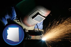 arizona map icon and a welder using welding equipment