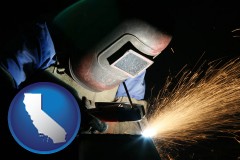california map icon and a welder using welding equipment