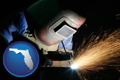florida map icon and a welder using welding equipment