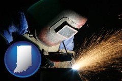 in map icon and a welder using welding equipment