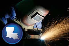 louisiana map icon and a welder using welding equipment