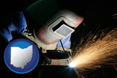 ohio map icon and a welder using welding equipment