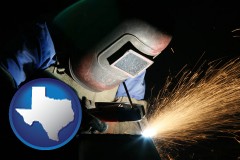 texas map icon and a welder using welding equipment