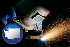 wa map icon and a welder using welding equipment