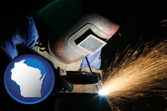 wi map icon and a welder using welding equipment