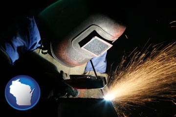 a welder using welding equipment - with Wisconsin icon