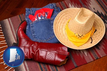 western boots, hat, and jeans - with Rhode Island icon