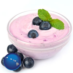 blueberry yogurt with fresh blueberries - with Hawaii icon