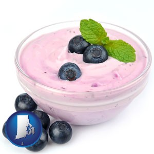 blueberry yogurt with fresh blueberries - with Rhode Island icon