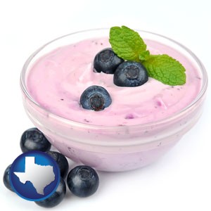 blueberry yogurt with fresh blueberries - with Texas icon