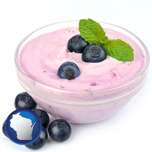 blueberry yogurt with fresh blueberries - with Wisconsin icon