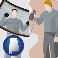 alabama map icon and an automobile windshield and a paint spray gun
