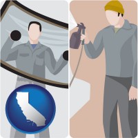 california map icon and an automobile windshield and a paint spray gun