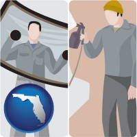 florida map icon and an automobile windshield and a paint spray gun