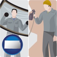 kansas map icon and an automobile windshield and a paint spray gun