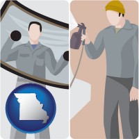 missouri map icon and an automobile windshield and a paint spray gun
