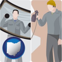 ohio map icon and an automobile windshield and a paint spray gun