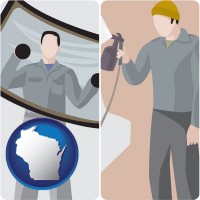 wisconsin map icon and an automobile windshield and a paint spray gun